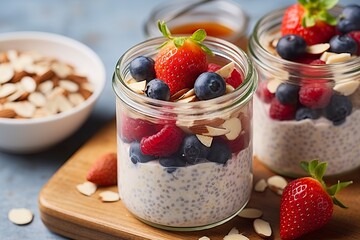 Mixed berries overnight oats with almond flakes in a glass jar, healthy breakfast.