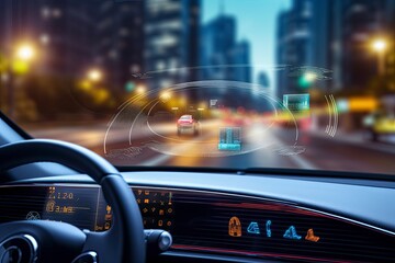 Modern smart car technology intelligent system using Heads up display (HUD) Autonomous self driving mode vehicle on city road with graphic sensor radar signal system intelligent car.