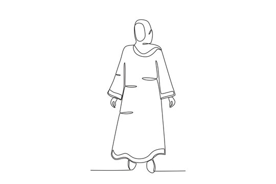 A woman wearing Islamic clothing. Abaya one-line drawing