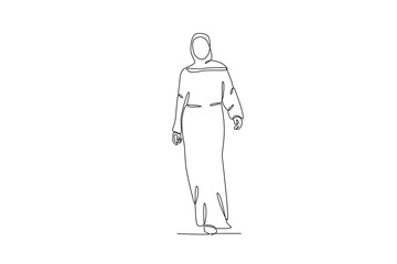 A woman wears an abaya gracefully. Abaya one-line drawing