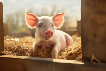 Young pig with rosy ears in a pigsty. Generative AI