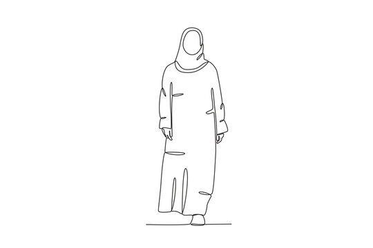 A woman walking wearing an abaya. Abaya one-line drawing