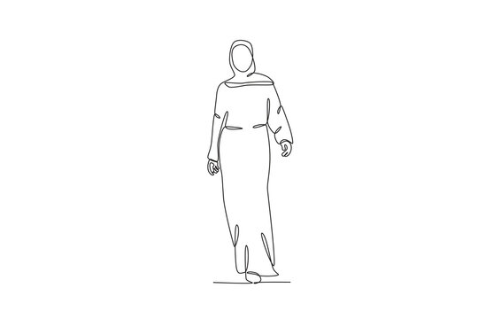 A woman wears an abaya gracefully. Abaya one-line drawing