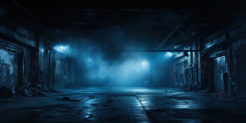 A dark empty street, dark blue background, an empty dark scene, neon light, spotlights The asphalt floor and studio room with smoke float up the interior texture.