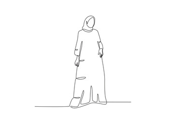 A young woman wears an abaya while stylishly. Abaya one-line drawing