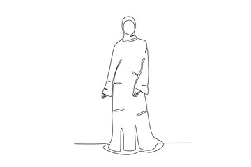 A woman posing wearing an abaya. Abaya one-line drawing