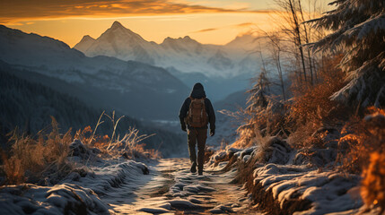 a man in snow boots hiking down a snowy mountain, winter landscape - obrazy, fototapety, plakaty
