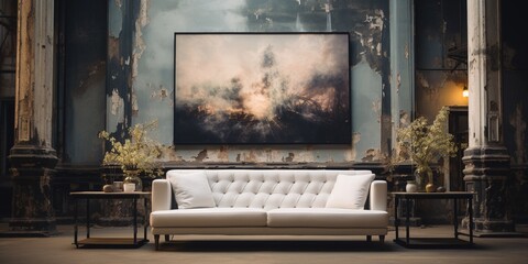 A living room with a white couch and large painting hanging on the wall above it in an old style setting