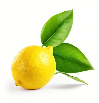 Lemon with leaf isolated on white background.