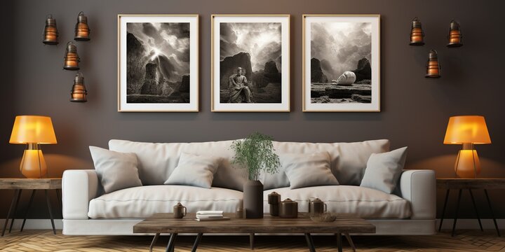A mockup of the three blank paintings in the interior
