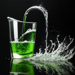 araffe pouring green liquid into a glass with water splashing out