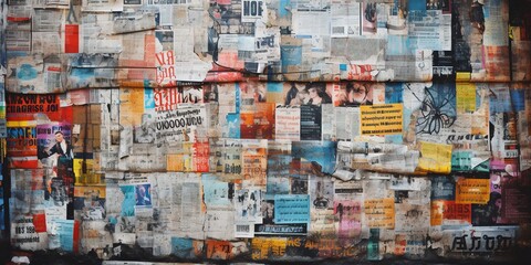 Abstract backdrop with collage of newspaper or magazine clippings, colorful grunge background