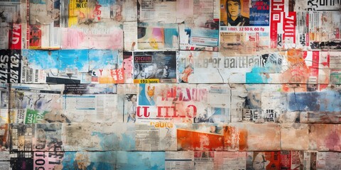 Abstract backdrop with collage of newspaper or magazine clippings, colorful grunge background - obrazy, fototapety, plakaty