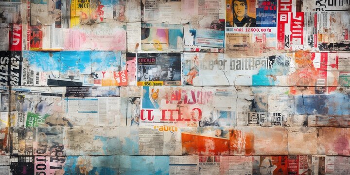 Abstract backdrop with collage of newspaper or magazine clippings, colorful grunge background © Павел Озарчук