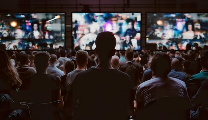 People crowd watching TV. TV addiction, propaganda and fake news concept.