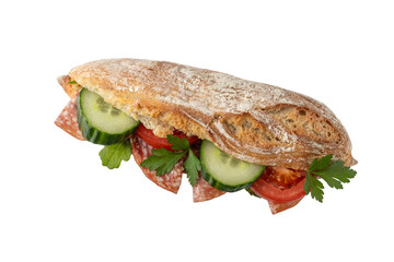  Fresh crusty baguette submarine sandwich with sliced salami, cucumber, tomato, arugula and parsley...