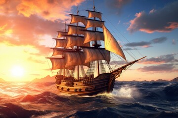 Obraz premium Pirate ship sailing on the ocean at sunset. Vintage cruise.