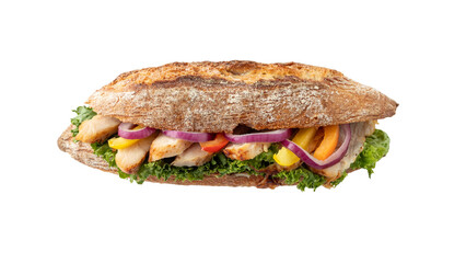 Whole cereal baguette with sliced baked chicken breast, red onion, red and yellow sweet pepper and green lettuce salad leaf isolated on white background.
