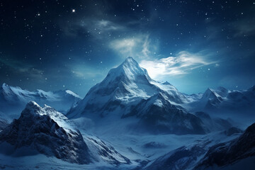 Snowy mountains at night.