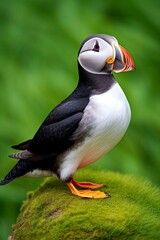 Fototapeta premium Puffin bird on a green grass patch.