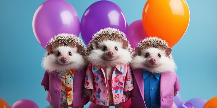 Creative animal concept. Hedgehog in a group, vibrant bright fashionable outfits isolated on solid background advertisement, copy text space. birthday party invite invitation banner