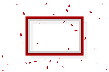 Red Frame And Confetti With Ribbons Falling On White Background. Celebration Event And Birthday. Grand Opening. Vector