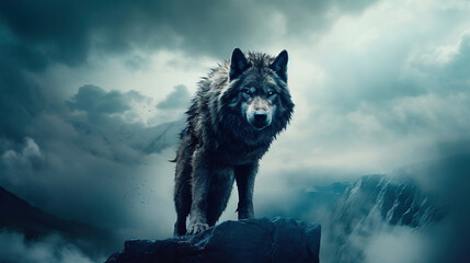 wolf in winter, cloudy background - obrazy, fototapety, plakaty