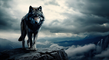 wolf in winter, cloudy background