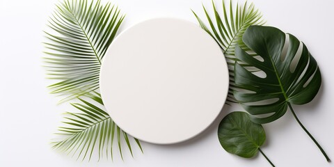 Empty white round coaster and exotic leaves on a white background.