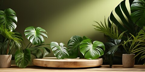Empty wooden podium with monstera leaves on background, natural shadows design. Beauty product display. Organic Natural concept. Mock up, Spa
