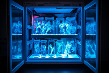 Witness the electrifying blue glow of luciferase-expressing viruses in a darkened biosafety cabinet." 