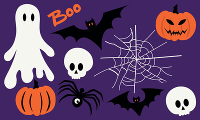 Vector illustration of objects: ghost, bats, pumpkin head, skulls, spider and web for creating a card. Happy Halloween. Home decorations.