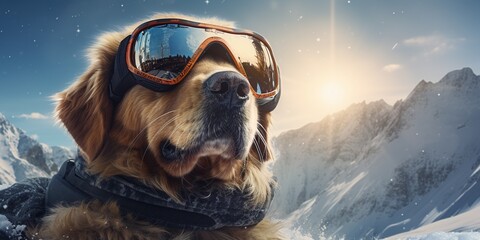 Happy dog in ski goggles on the background of winter mountains. Ski winter resort