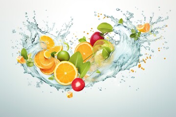 Swirl water splash with fruits. liquid flow with ice cubes and a mix of fresh fruits.
