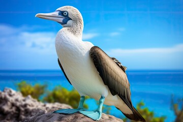 The rare blue-footed booby rests on the beach.