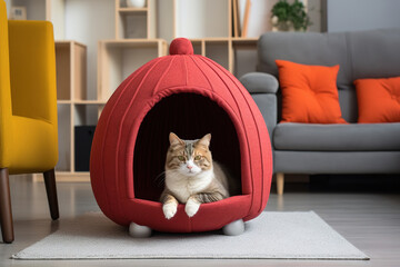 Creative soft home for cats, Cute kitty in pet booth that indoors in the modern domestic room