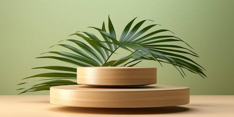 Minimal natural wood podium with green palm leaf with sunlight background. Minimal wooden stand for branding and packaging presentation.