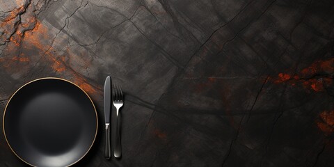 Mockup - empty black plate with cutlery on a dark underground - obrazy, fototapety, plakaty