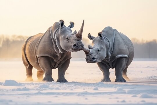 Two Rhinoceros getting ready for fight on Ice.