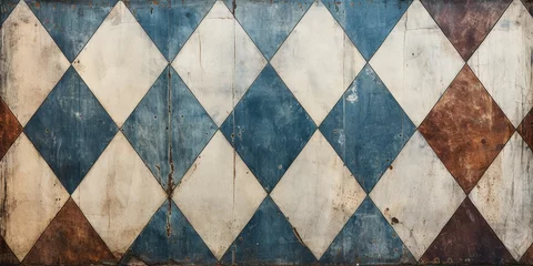 Gordijnen Old blue white rusty vintage worn shabby patchwork checkered chess chessboard lozenge diamond rue motif tiles stone concrete cement wall texture background banner © Павел Озарчук