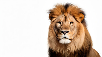 A male lion sitting looking at the camera, isolated on white