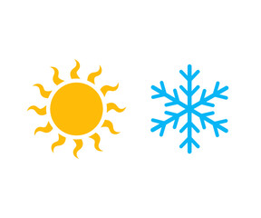 Hot sun and cold snowflake icon. Summer and winter symbol. Sun and snowflake vector icons - obrazy, fototapety, plakaty