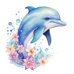 Watercolor fantasy Baby Dolphin clip art isolated white background.