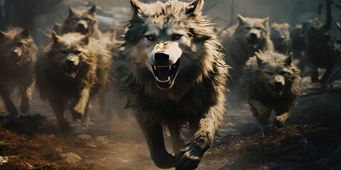 Pack of wolves running in forest