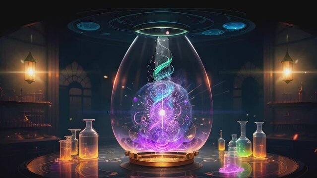 a crystal glass tube that sparkles with a beautiful purple light. fantasy laboratory concept. anime watercolor painting illustration style. seamless looping 4K time-lapse virtual video animation.