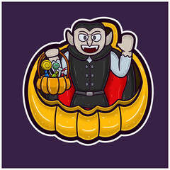 Dracula On Big Pumpkin Cartoon. Halloween Sticker Logo.