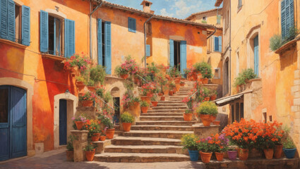The streets of Italy or Spain are decorated with beautiful colorful flowers, in watercolours