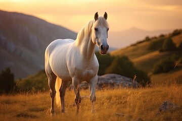 White horse or mare in the mountains at sunset.