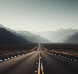An empty road with mountains in the distance, empty road in the middle, AI generated