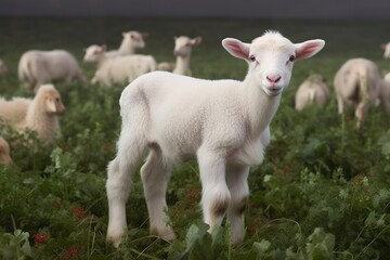 Fototapeta premium White lamb in a field in front of other animals.